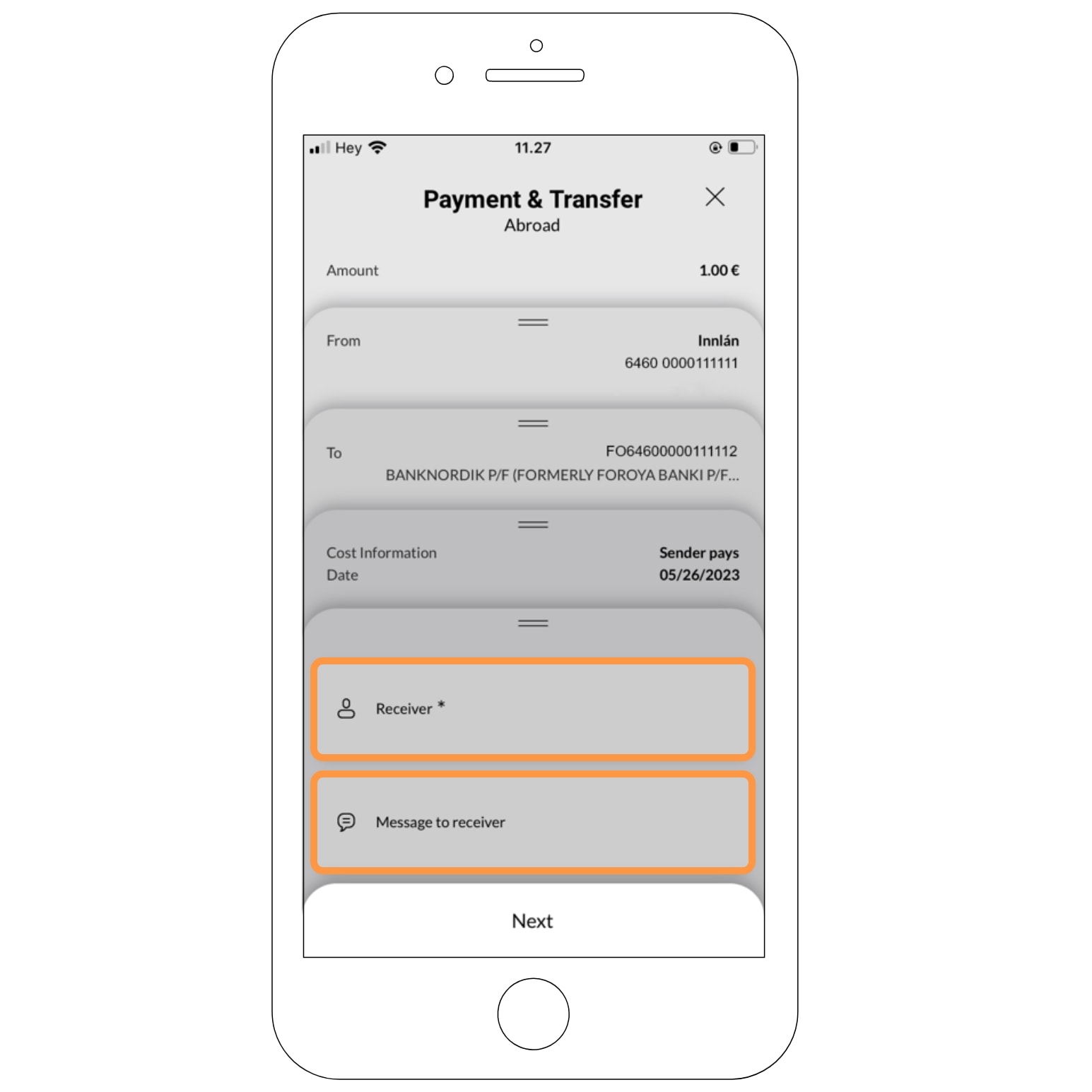 Foreign transfer receiver info and message